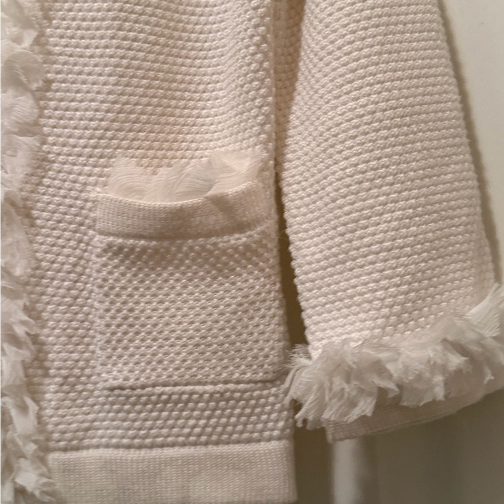 White Textured Cardigan with Ruffle Trim - Picture 4 of 6